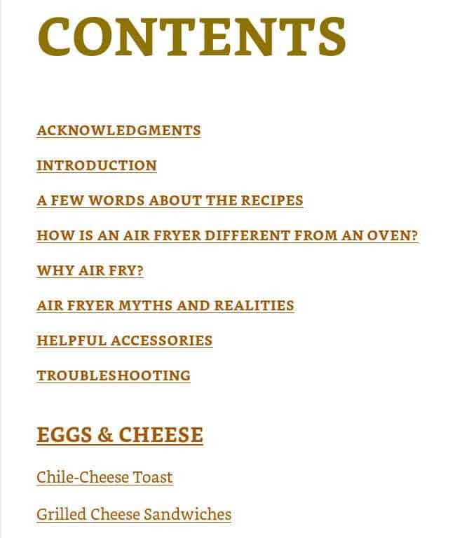 the contents page from the cookbook every day easy air fryer.