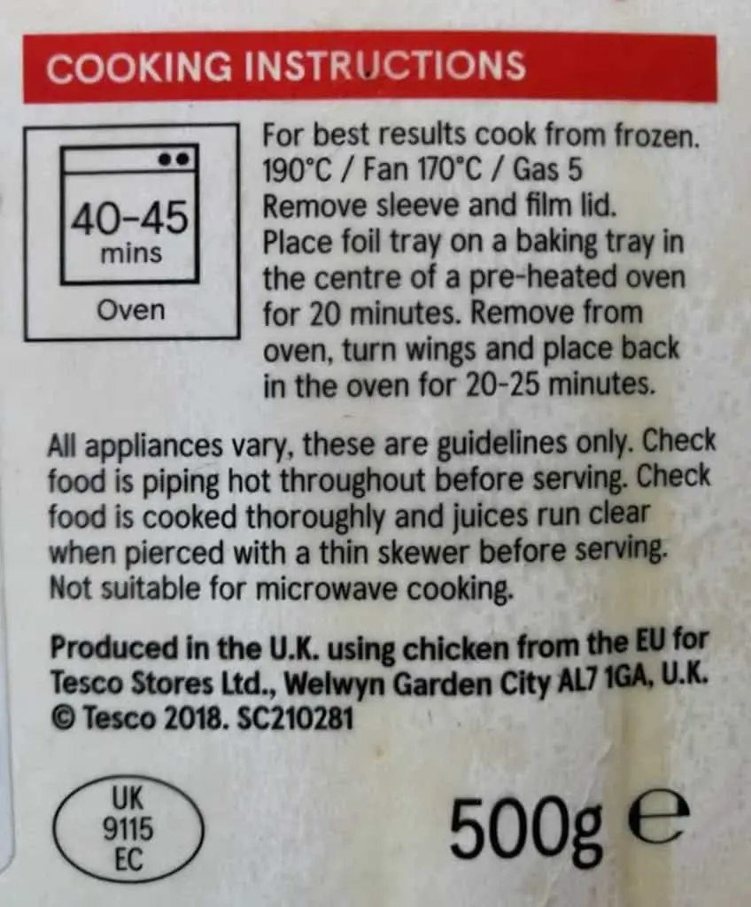 The cooking instructions for the buffalo chicken wings.