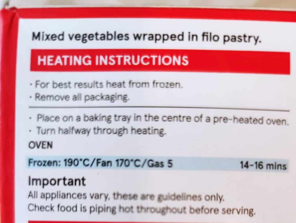 The cooking instructions from my frozen spring rolls.