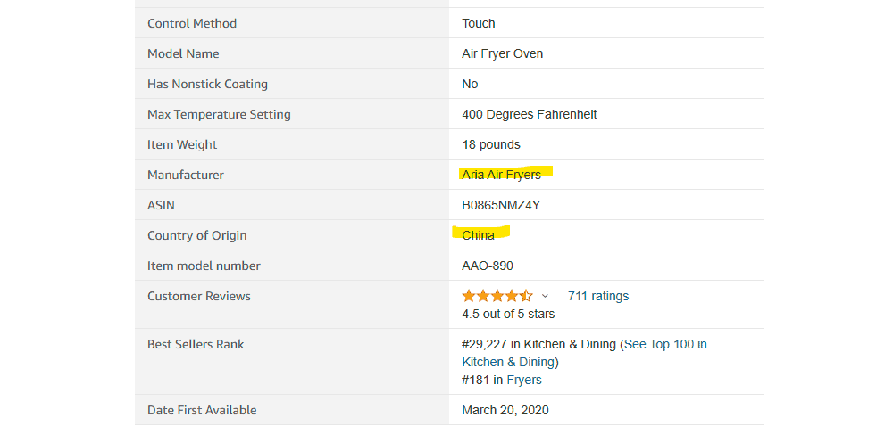Aria air fryers are made in China not america.